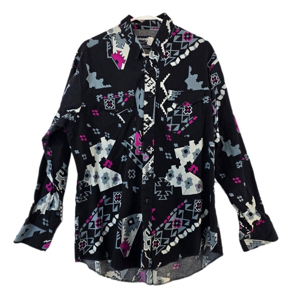 Wrangler Western Shirt‎ Mens 17.5x35 Black Aztec Geometric Cowboy Cut Long Tail